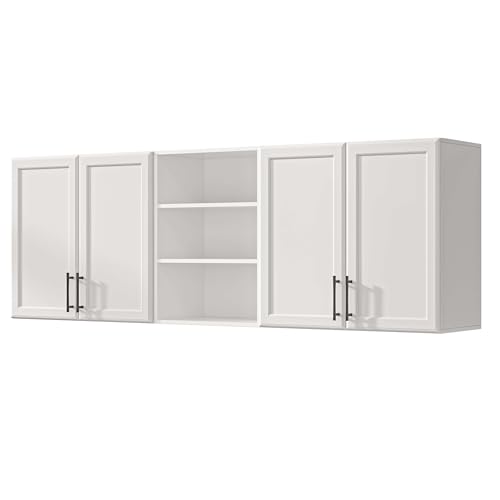 Furnaza 62.8" W Wall Cabinets for Laundry Room with Adjustable Shelf | White Upper Kitchen Wall Mounted Cabinets With Two Shaker Doors for Bathroom,Garage,12"D x 22"H,Floating Hanging Storage - size: 62.8"W