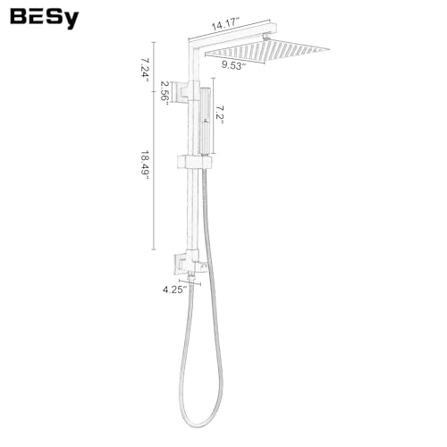 BESy All Metal 10 Inch Square Rainfall Shower Head with 2 In 1 Handheld Spray Combo Shower Sytem Shower Faucet Fixturer Showerhead Rain Set Hand Held Sprayer with Adjustable Slide Bar Brass Black