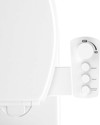 Bidet Attachment for Toilet Seat, Ultra Slim | Easy Control | Adjustable Water Pressure | Non-Electric Self-Cleaning Dual Nozzle | Cold Water Bidet for Frontal & Rear Wash, White Knob