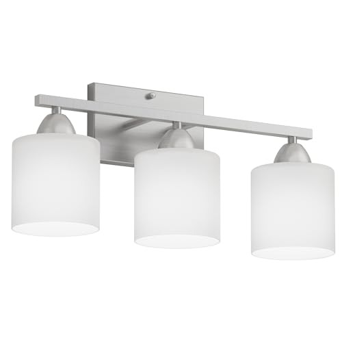 Bathroom Lighting Fixtures Over Mirror Brushed Nickel, Anti-Rust 3-Light Bathroom Vanity Lights, Modern 18Inches Wall Sconces E26 Base, Milky White Glass Shades, Bulbs Not Included - color: Brushed Nickel-3Light