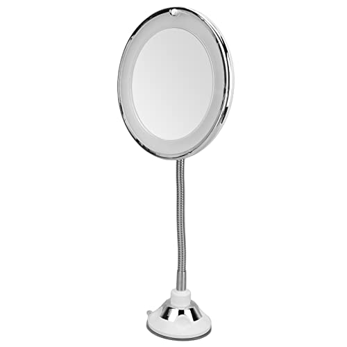 Magnifying Mirror, Flexible Gooseneck LED Lighted 10X Magnifying Makeup Mirror with Power Locking Suction Cup, 10X Magnification LED Fill Light Suction Cup Adjustable Gooseneck Makeup Mirror