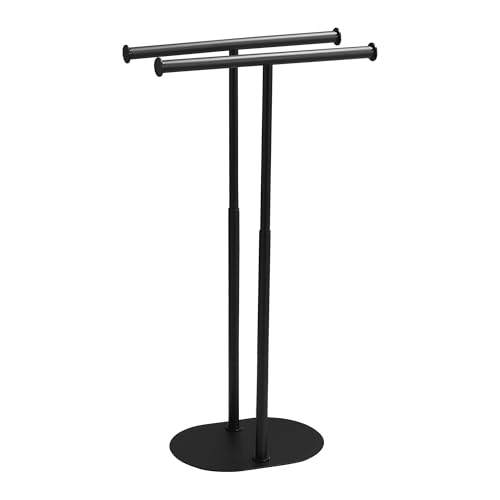 Freestanding Matte Black Towel Rack with Extendable Double Bars, Weighted Base Bathroom Towel Holder Stand, Rust-Resistant Stainless Steel Standing Towel Racks for Bathroom Storage - color: Black