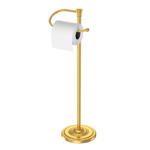 Toilet Paper Holder Free Standing, 25” H Stainless Steel Brass Gold Toilet Paper Stand, Weighted Base Floor Tissue Roll Holder for Bathroom,Toilet Roll Stand - color: Brass Gold