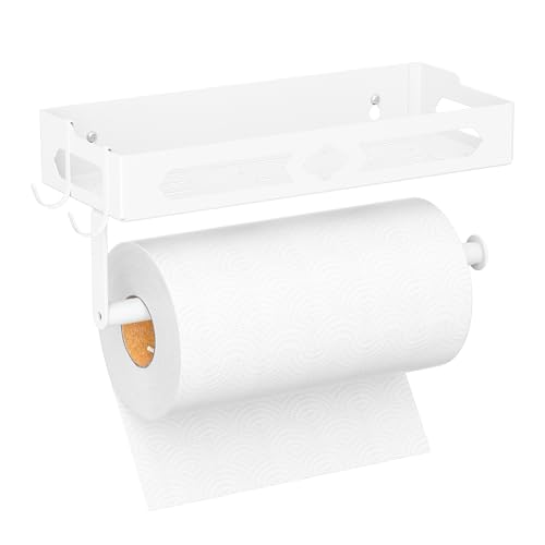 Wall Mount Paper Towel Holder with Shelf for Bathroom, Kitchen,White 2Hooks | Metal Spice Rack, Easy One-Hand Tear Design Mounted Hanging Hand Paper Towel Roll Holder for RV, Home(Self Adhesive or Drill) - color: White