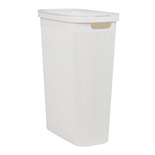 Mind Reader Slim Laundry Hamper with Lid, 40L Clothes Basket, Linen Design, Plastic, White - color: White