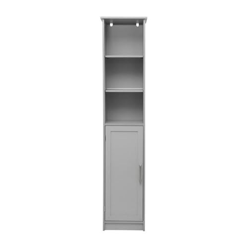 Pemberly Row Freestanding Linen Tower Storage Cabinet, 15"W x 9"D x 70"H, Gray Finish, Engineered Wood with Adjustable Shelves, Magnetic Door and Decorative Top, Slim Space-Saving Design for Bathroom