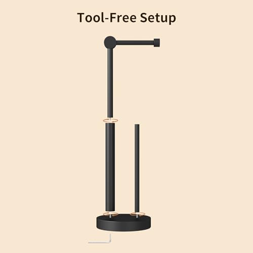 Toilet Paper Holder Stand with Storage & Weighted Base, Matte Black | Free Standing Stainless Steel Design with Open-Ring Arm for Easy Roll Replacement - color: Matte Black