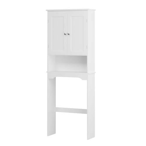Over the Toilet Storage Cabinet with Double Doors, White Bathroom Storage Cabinets Above Toilet with Adjustable Shelf, Slim Narrow Toilet Rack for Bathroom, White (MDF)