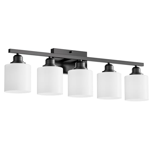 5-Light Bathroom Light Fixtures Over Mirror, Matte Black Vanity Lights, Modern Bathroom Vanity Light, Glass Shade & Anti-Rust Nickel Finished, Bathroom Light for Small Space - color: Black-5 Light
