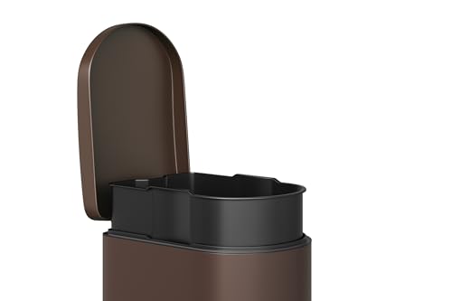 Garvee 2.6 gal / 10 L Metal Bathroom Trash Can with Lid, Slim Waterproof Garbage Can for Bedroom, Small Step-on Trash Bin with Inner Bucket, Rear Handle, Soft Close Lid, Brown - color: Brown, size: 2.6 Gallons