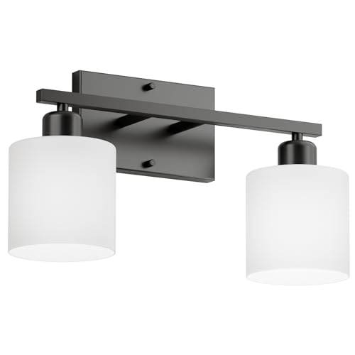 Black Bathroom Light Fixtures Over Mirror, 2-Light Vanity Lights | Anti-Rust Wall Sconces 12 Inches, E26 Standard Socket, Milky White Glass Shades, Easy Installation, Bulbs Not Included - color: Black-2 Light