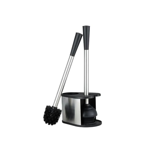 J&V TEXTILES 2-in-1 Toilet Plunger and Brush Set, Extended Stainless Steel Handle, Black Bathroom Cleaning Tools with Storage Holder, Heavy Duty Combo Pack