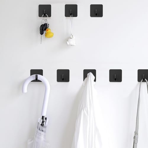 16PCS Bath Towel Hooks, Self Adhesive Hook, Waterproof Self Adhesive Shower Wall Hooks for Bathroom Kitchen Door Window Cabinet, Stainless Steel(Black - Square)