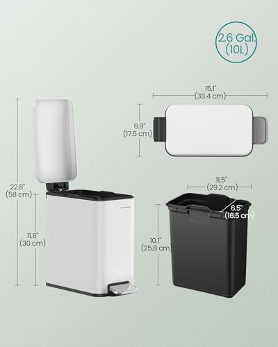 SONGMICS Bathroom Trash Can, 2.6 Gallon (10 L) Small Trash Bin with Lid, Slim for Small Spaces, Stainless Steel Garbage Can, Soft Close, White ULTB561W10 - color: White, style: 2.6 Gal.