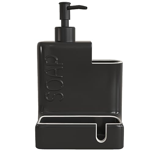 Soap Dispenser with Sponge Holder and Brush Holder, Ceramic Dish Soap Dispenser Pump, 3 in 1 Liquid Hand Soap Organizer with Funnel for Kitchen Sink Countertop, Matte Black