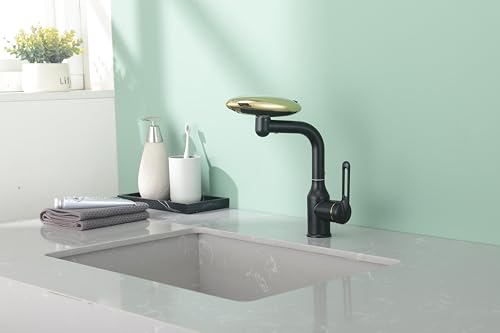 Single Hole Rotatable Bathroom Sink Faucet Black and Gold - 4 Water Modes Multifunctional Faucet with 360° Swivel, Extended Spout & Fountain Mode - color: Black and Gold