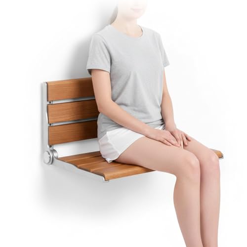 17.7inch Wall-Mounted Folding Shower Seat with Back Wall-Mounted Fold Up Bathroom Stool Anti-Slip for Elderly Disabled Pregnant