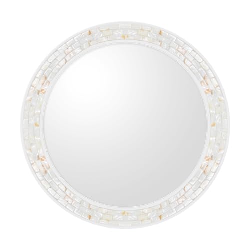 White Round Bathroom Wall Mirror 36 Inch | Natural Mother of Pearl Frame, Tempered Glass, Coastal Beachy Decor for Bedroom, Living Room, Entryway - size: 36"L x 36"W