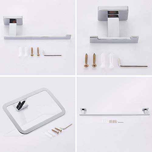 4 Piece Bathroom Hardware Accessories Set,Chrome Stainless Steel Towel Bar Sets Wall Mounted - Includes 18" Towel Bar, Square Towel Ring, Toilet Paper Holder, Robe Towel Hook - color: Chrome, size: 18 inches