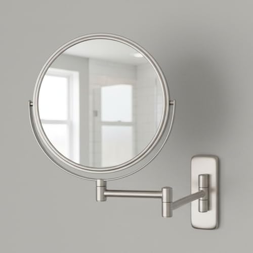 JERDON Wall-Mounted Makeup Mirror - 10X Magnification - Nickel - JP7810N | 8" Round Frame, 13.5" Wall Extension Arm - color: Nickel, size: 10X Magnification
