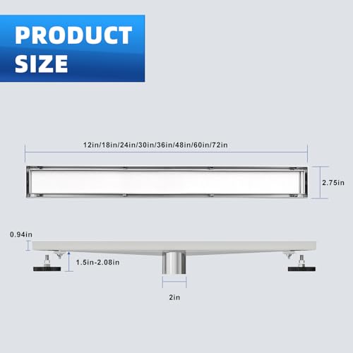 Linear Shower Drain 18 inch Brushed with Tile Insert Grate | AISI 304 Stainless Steel Brushed Linear Drain Rectangle Shower Floor Drain with Hair Strainer and Leveling Feet - color: Silver, size: 18 inch
