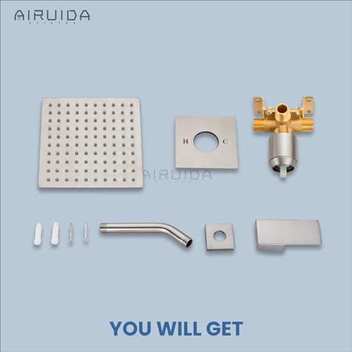 Airuida Brushed Nickel Shower Faucet Set,8 Inch Shower Valve Kit | Square Showerhead,Female Thread Rough-in Valve,Bathroom Rain Shower System,Single Function Handle - color: Brushed Nickel