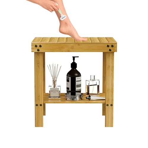 Bamboo Shower Bench, Shower Chair with Non-Slip Feet Storage Shelf Safe and Stable, Kids Adults Wooden Stool for Bathroom, Bedside, Living Room, Spa