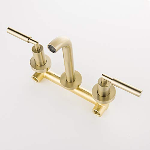 RBROHANT Brushed Gold Wall Mount Bathroom Faucet, Wall Mounted Sink Faucet, Dual Handle, Solid Brass, Rough-in Valve Included - color: Brushed Gold, style: Lever Handle