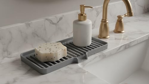 Silicone Soap Dish Tray and Sponge Holder with Drain Chute, Rectangular, Kitchen and Bathroom Sink Organizer (Vanilla Cream, 9"x3.5") - color: Vanilla Cream, size: (MD) 9"x3.5"
