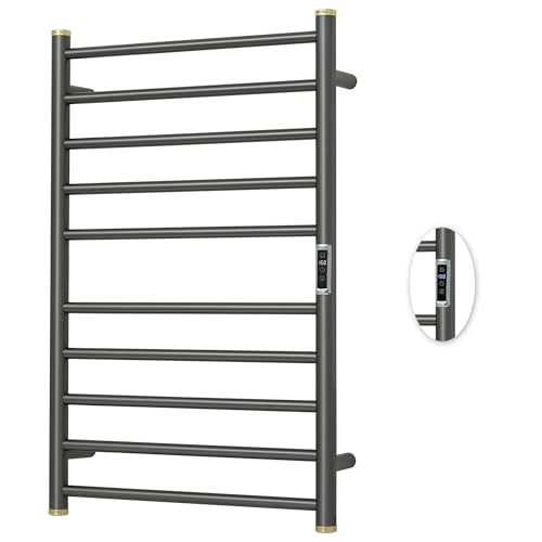Electric Towel Warmer Rack,Heating Towel Warmer,Timer & Temperature Control,Wall-Mounted Plug-in for Bathroom,Brushed Gungrey,Stainless Steel,10-Bar(31.5x20.08x4.41in) - color: Round-matte Gungrey With Gold Top, size: 10 Bars