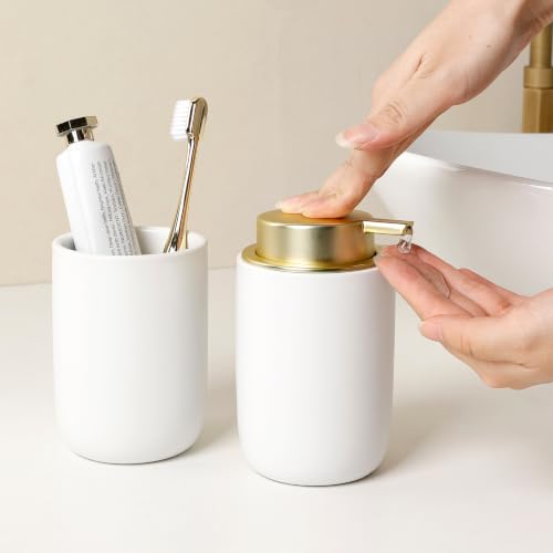 BosilunLife Lotion Pump Dispenser for Bathroom, Kitchen, Countertop | Hand Soap Dispenser Bathroom Ceramic Dish Liquid Soap Dispenser (White with Gold, Liquid Pump) - color: White&gold