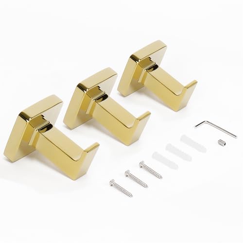 NearMoon Bath Towel Hooks -SUS304 Stainless Steel Square Clothes Robe Hooks Hanger, Heavy Duty Coat Hooks for Bathroom Livingroom Hotel Kitchen Garage, Wall Mounted (3 Pack, Chrome Gold) - color: Chrome Gold