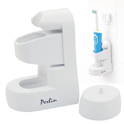 Perlin Electric Toothbrush Holder Wall Mount No Drilling Self Adhesive Toothbrush Organizer Charging Base Stand Waterproof Space Saving Bathroom Storage White