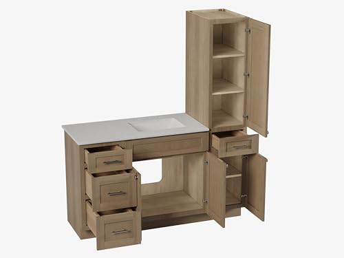 60" Bathroom Vanity with Linen Storage Tower and 4 Drawers, Carrara Quartz Top and Ceramic Sink, Left or Right Tower Option, Solid Wood Frame, 61" x 22" x 72" (Natural Oak, Right Tall Cabinet) - color: Natural Oak