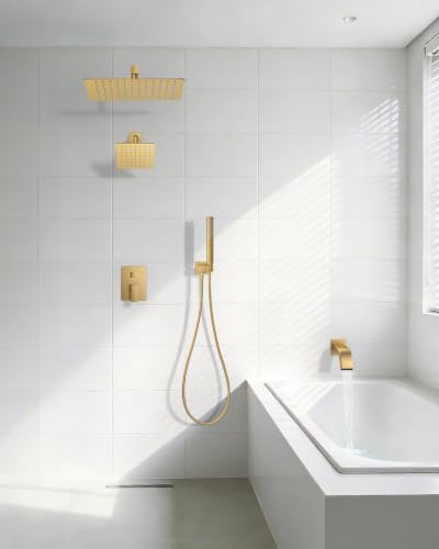 Rain Shower System with Rough-in Valve, Wall Mount Shower Faucet Set with 12" & 6" Dual Rain Shower Heads, 2-in-1 Handheld Shower, Tub Spout, 4-Function Complete Shower Fixture, Brushed Gold - color: Brushed Gold, size: Wall Mount-12"+6" head with Tub Spo