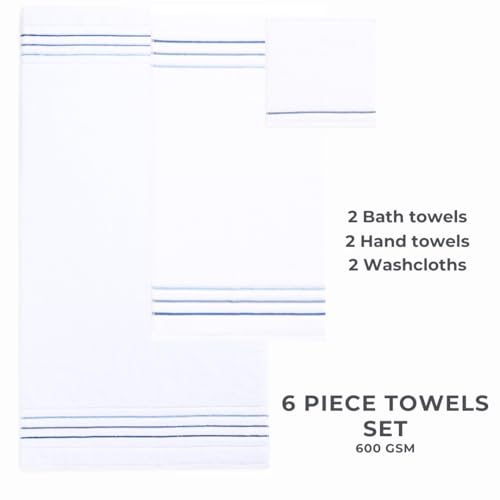 Bath Towels Set for Bathroom – Luxury 6-Piece Cotton Towels, Soft Absorbent & Quick Dry, 600 GSM Bath Towels for Bathroom, Hotel Spa Quality (White/Aqua Green, 6- Bath Towel Set) - color: White/Aqua Green