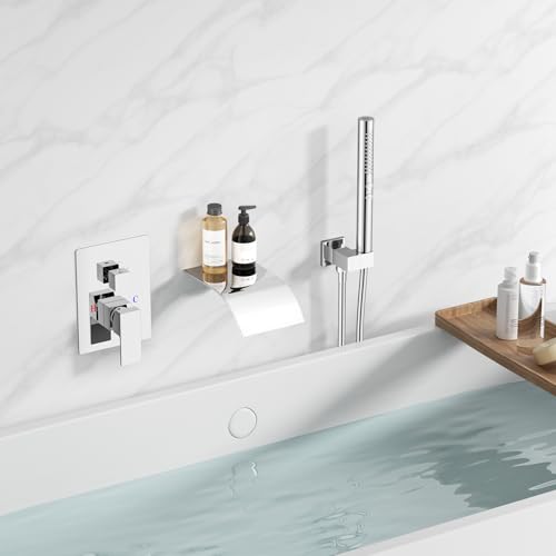 RUMOSE Wall Mount Bathtub Faucet Waterfall Tub Faucet with Handheld Sprayer | Chrome, 2 in 1 Handheld, Modern Bathroom Tub Filler Brass Single Handle Shower Faucet Set, High Flow Rough in Valve - color: Chrome