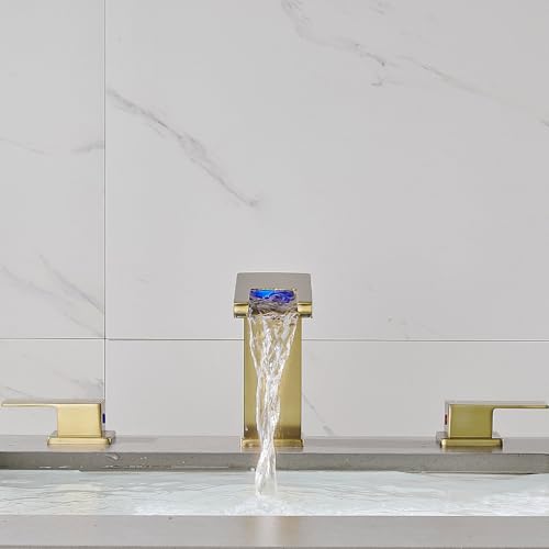 LED Bathroom Faucet 3 Hole, Brushed Gold Waterfall Bathroom Faucets, 8 Inch Widespread Modern Bathroom Sink Faucet, Wide Spread Touch On Three Hole 2 Handle Bathroom Vanity Faucet - color: Brushed Gold