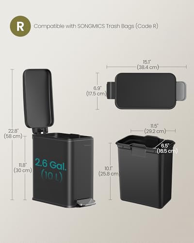 SONGMICS Bathroom Trash Can, 2.6 Gallon (10 L) Small Trash Bin with Lid, Slim for Small Spaces, Stainless Steel Garbage Can, Soft Close, Black ULTB561B10 - color: Black, style: 2.6 Gal.