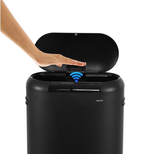 happimess 13.2 Gal Oval Motion Sensor Trash Can, Charcoal Black | Oval, Motion Sensor, Touch Mode, Soft Close Lid, Powder Coated Iron, Side Handles, 17.7" W x 9.84" D x 24.2" H - color: Charcoal Black