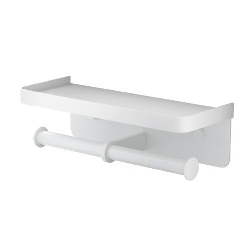 Double Toilet Paper Holder with Shelf, iMonse Paper Towel Holder Wall Mount,Tissue Roll Holder for Bathroom Kitchen RV, Double Tissue Roll Rack with Adhesive & Screw (White) - color: White-twoside