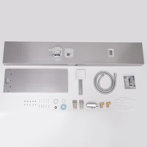 BWE Multi-Function Shower Panel System with Rainfall Shower Head Massage Body Jets and Handheld Shower Head 3 In1 Shower Panel Tower Stainless Steel for Home Hotel Resort Brushed Nickel and Chrome