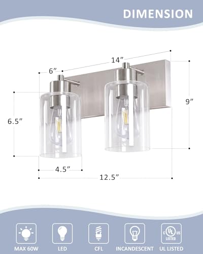 2-Light Brushed Nickel Bathroom Vanity Lights, Clear Glass | Brushed Nickel Metal Frame,Up/Down Wall Mount,cylinder Glass Shade,Kitchen Hallway Bedroom Indoor Use,Easy Install,E26 Base - size: 2-light