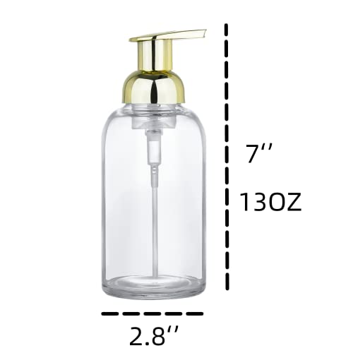 2 Pcs Foaming Soap Dispenser, Thick Glass Jar Soap Dispenser with Gold Foaming Pump, 13 Ounce Round Bottles Dispenser with Foaming Pump