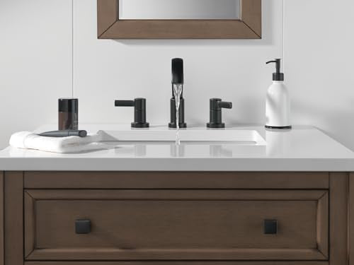 Delta Albion Matte Black Bathroom Faucet 3 Hole, 8 Inch Widespread Bathroom Sink Faucet for Vanity, Metal Push-Pop Drain Assembly, Matte Black 35855LF-BL - color: Matte Black
