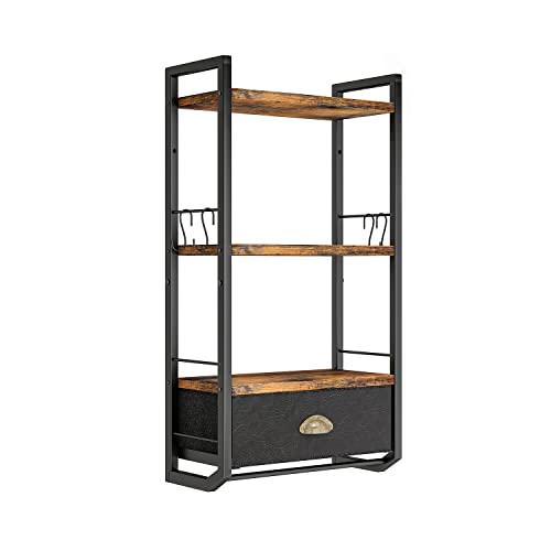 Bathroom Storage Organizer Wall Mounted, 3 Tier Bathroom Towel Rack Shelf with Storage Drawer Double Towel Bars and Hooks, Industrial Bathroom Shelves Over Toilet, Rustic Black and Brown (A)