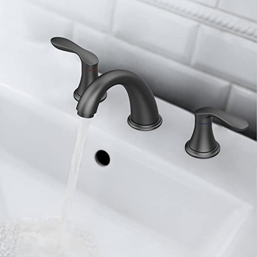Bathroom Sink Faucet, Faucet for Bathroom Sink, Widespread Matte Black Bathroom Faucet 3 Hole with Plastic Pop Up Drain and cUPC Lead-Free Hose - (Matte Black) - color: Matte Black, size: 8 inch 1 pack
