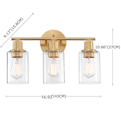 WISBEAM 3-Light Bathroom Vanity Light Over Mirror, Gold Bathroom Wall Sconce with Clear Glass Shade Including E26 Medium Base, Bulb NOT Included - color: Gold, size: VNT004