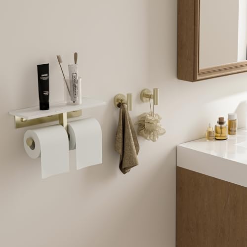 BWE Double Toilet Paper Holder with Shelf Wall Mounted Tissue Roll Holder | Commercial Toilet Paper Dispenser for Bathroom Marble Toilet Paper Storage Holder with Phone Shelf (Brushed Gold) - color: Double Brushed Gold