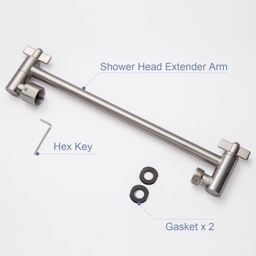 OFFO Shower Head Extension Arm, 11 in Shower Extension Arm with Locking Nut, Adjustable Height and Angle, Universal G1/2 Connector for Fixed and Handheld ShowerHead, Brushed Nickel - color: Brushed Nickel, style: 11 in